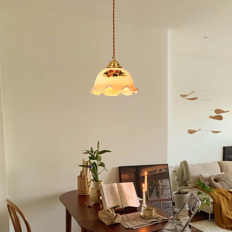 Norvo | Tradisjonell Vintage Messing Snor Valnøtt Glass Blomst Buet 1-Lykt Pendellampe For Spiserom