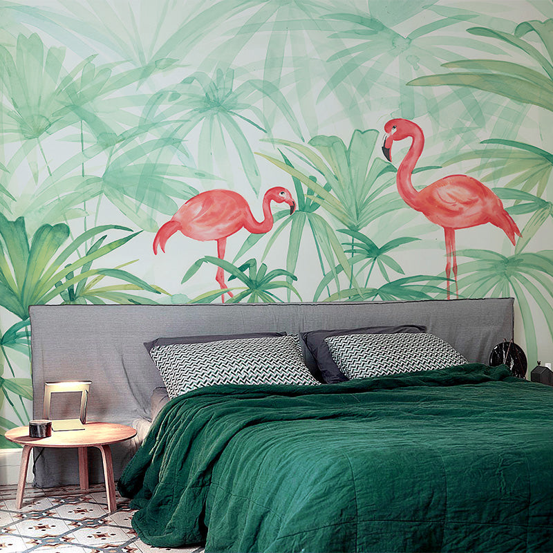 Norvo | Plante Flamingo Veggmaleri Dekorasjon Tropisk Fleece Veggkunst I Grønn For Soverom