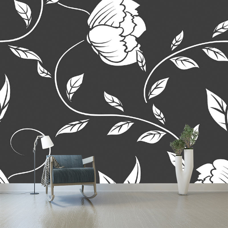 Norvo | Modernist Roterende Peon Veggkunst Svart og Hvit Blomster Veggdekorasjon for Soverom