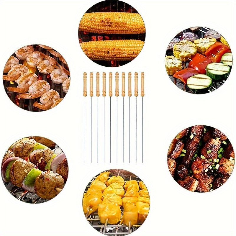 Norvo | 10 stk Premium rustfritt stål BBQ spyd med trehåndtak – Multifunksjonelle, holdbare grillpinner for matlaging utendørs – Perfekt for sommerfester og familietreff