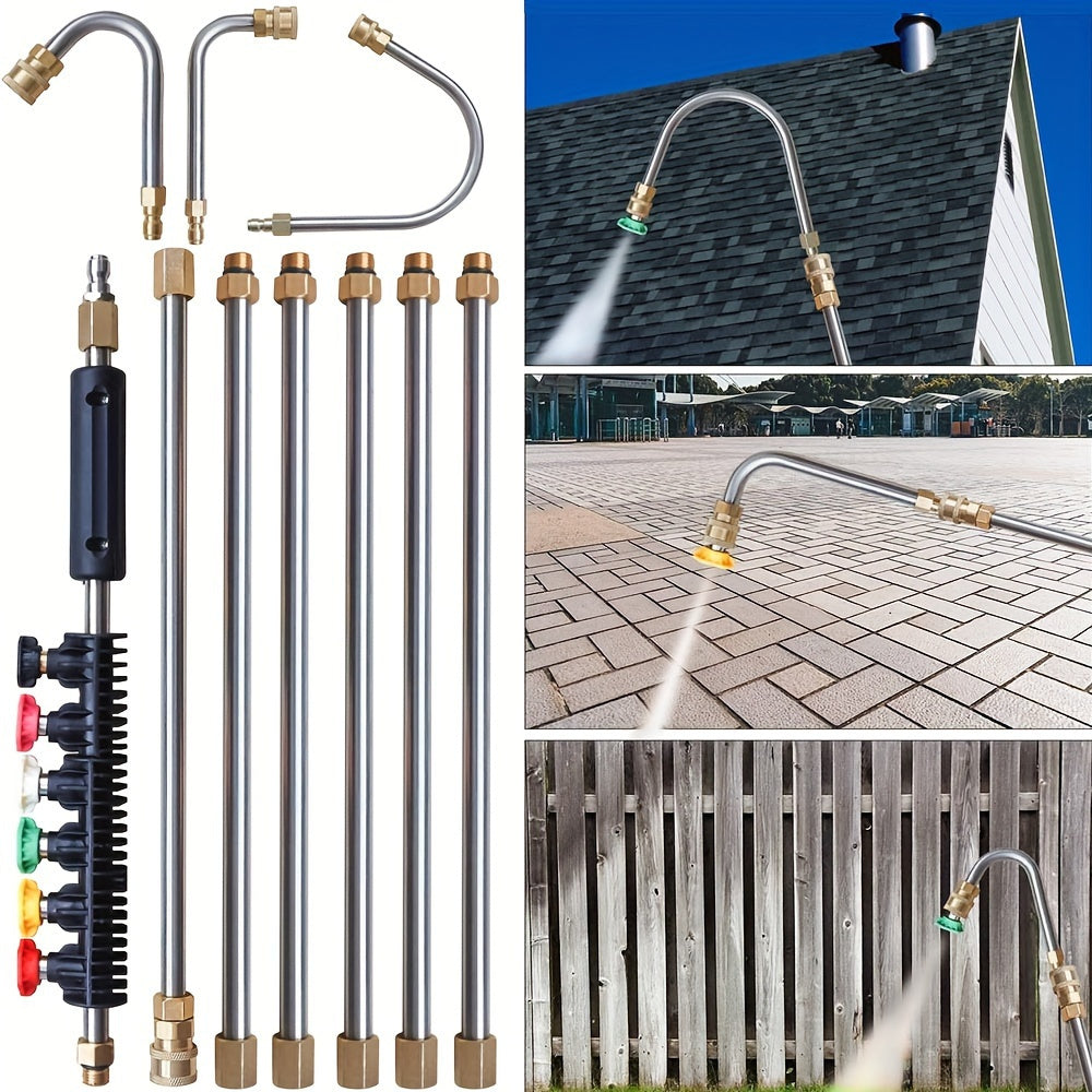 Norvo | 10 stk Høyttrykksvasker Forlengelsesstang Kit – 4000 PSI, 1/4 Hurtigkobling, 6 Dysevedlegg, Takrennerengjøringsbøyd stang 30°, 90°, 120° – Ideell for takdrenering, utvendige vegger og tunge rengjøringsoppgaver