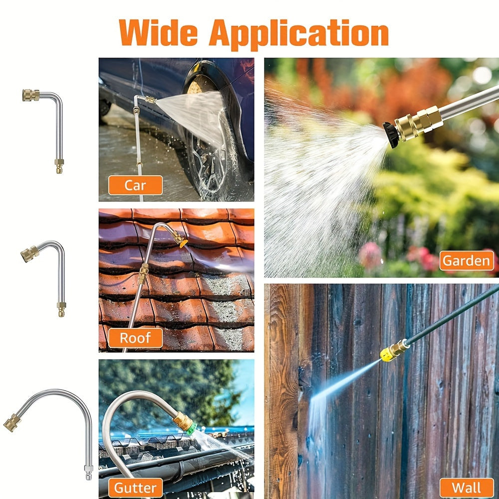 Norvo | 10 stk Høyttrykksvasker Forlengelsesstang Kit – 4000 PSI, 1/4 Hurtigkobling, 6 Dysevedlegg, Takrennerengjøringsbøyd stang 30°, 90°, 120° – Ideell for takdrenering, utvendige vegger og tunge rengjøringsoppgaver