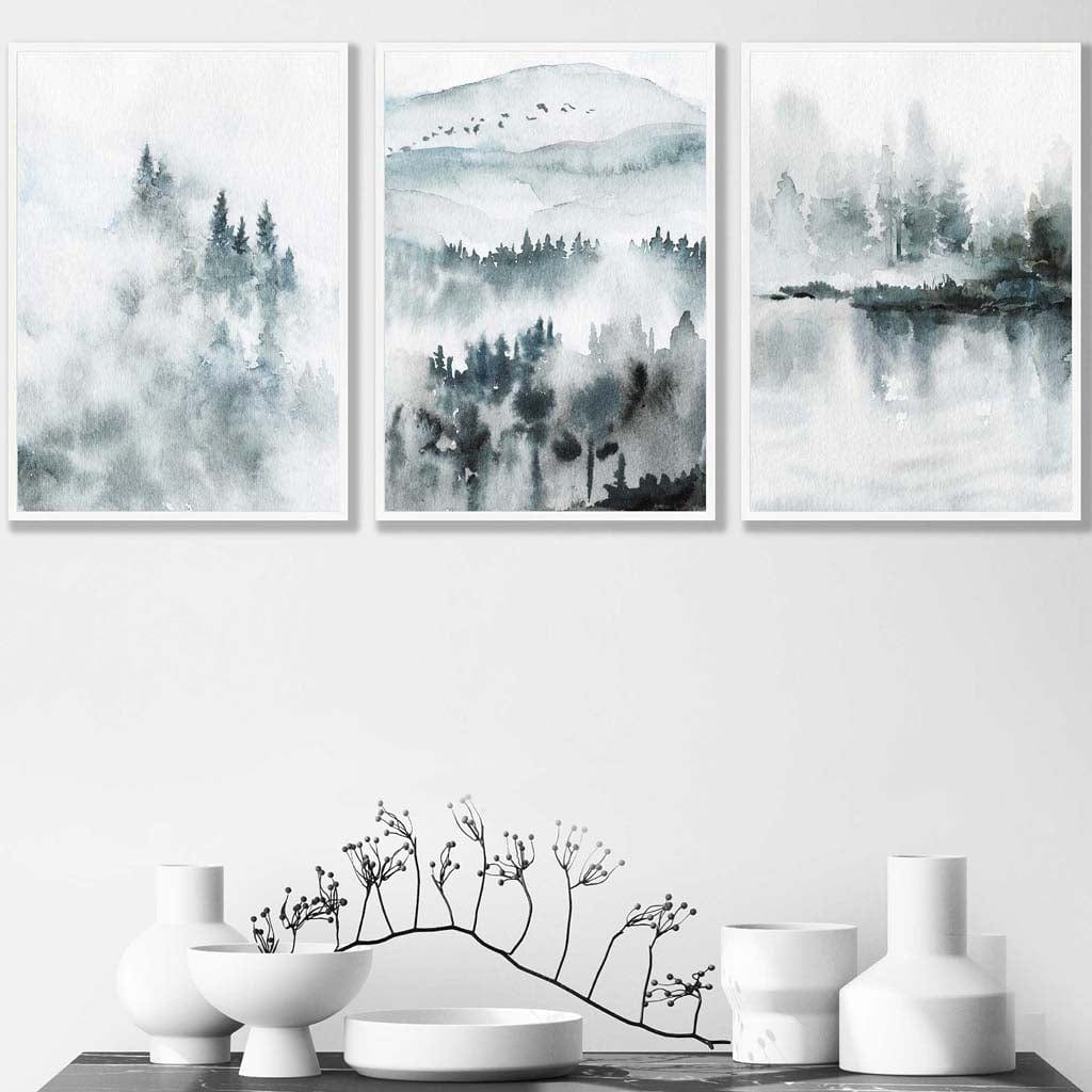 Norvo | Teal Blue Abstrakt Skog Innsjø Sett med 3 Veggkunst Trykk