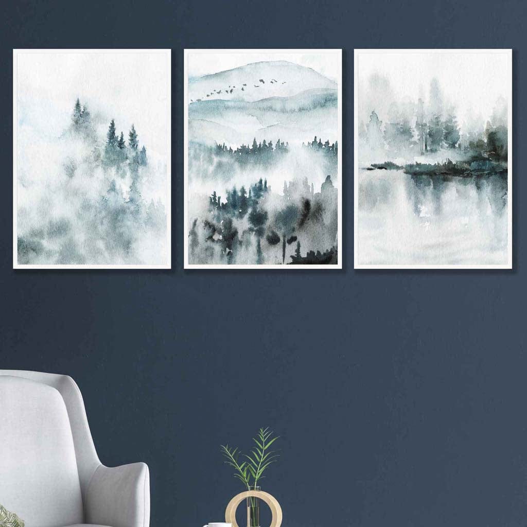Norvo | Teal Blue Abstrakt Skog Innsjø Sett med 3 Veggkunst Trykk