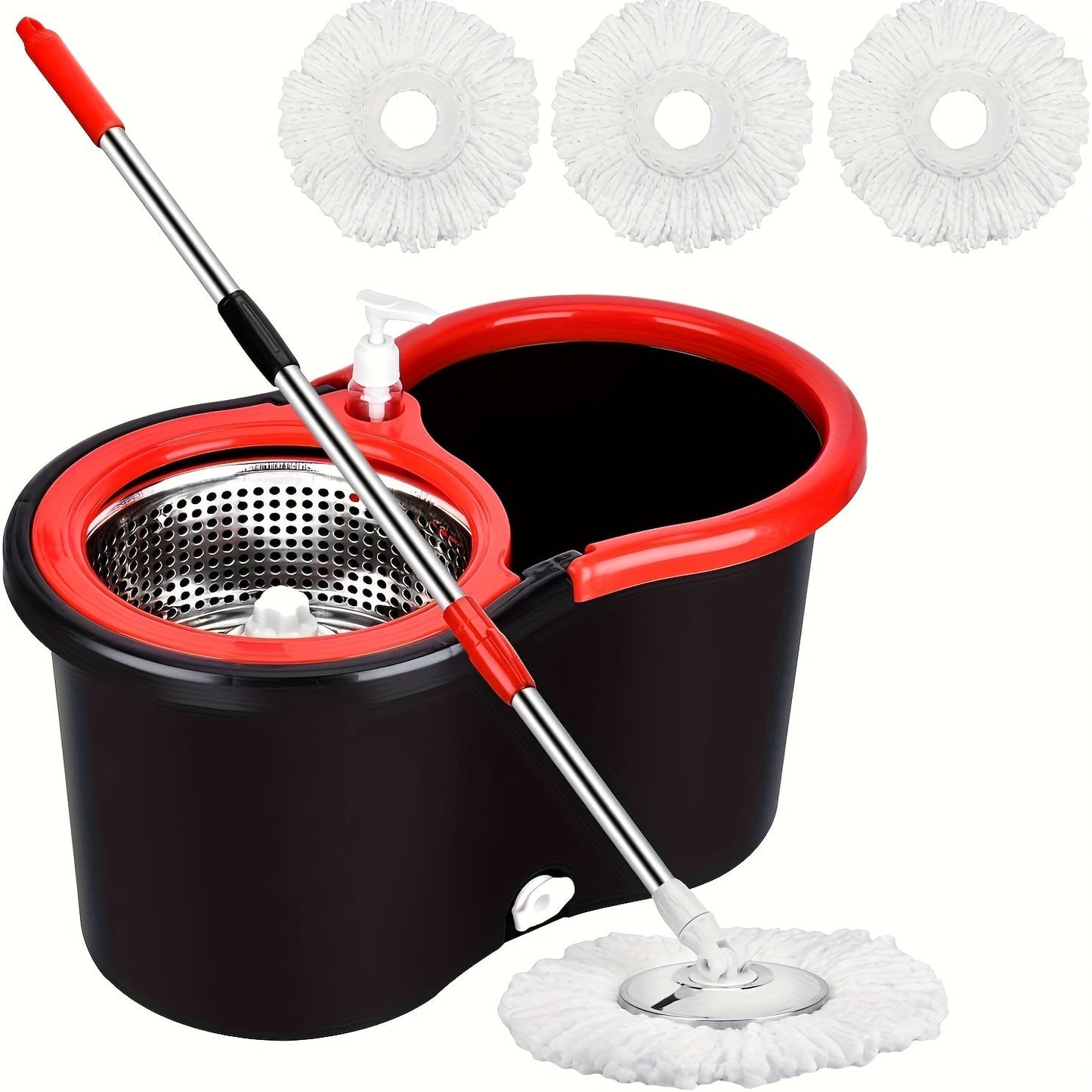 Norvo | Spin-mopp og bøtte sett med presse – 360° roterende mopp-system, inkluderer 3 mikrofiber-mopp hoder og 61" justerbart rustfritt stål håndtak – Ideell for gulvrengjøring i bad og skoler