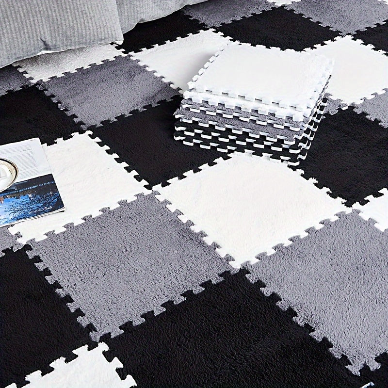 Norvo | 24 stk Tykk Plysj Patchwork Teppe - Vaskbart, Klippet Gulvmatte for Soverom, Stue, Dyrematte, Utleiehus