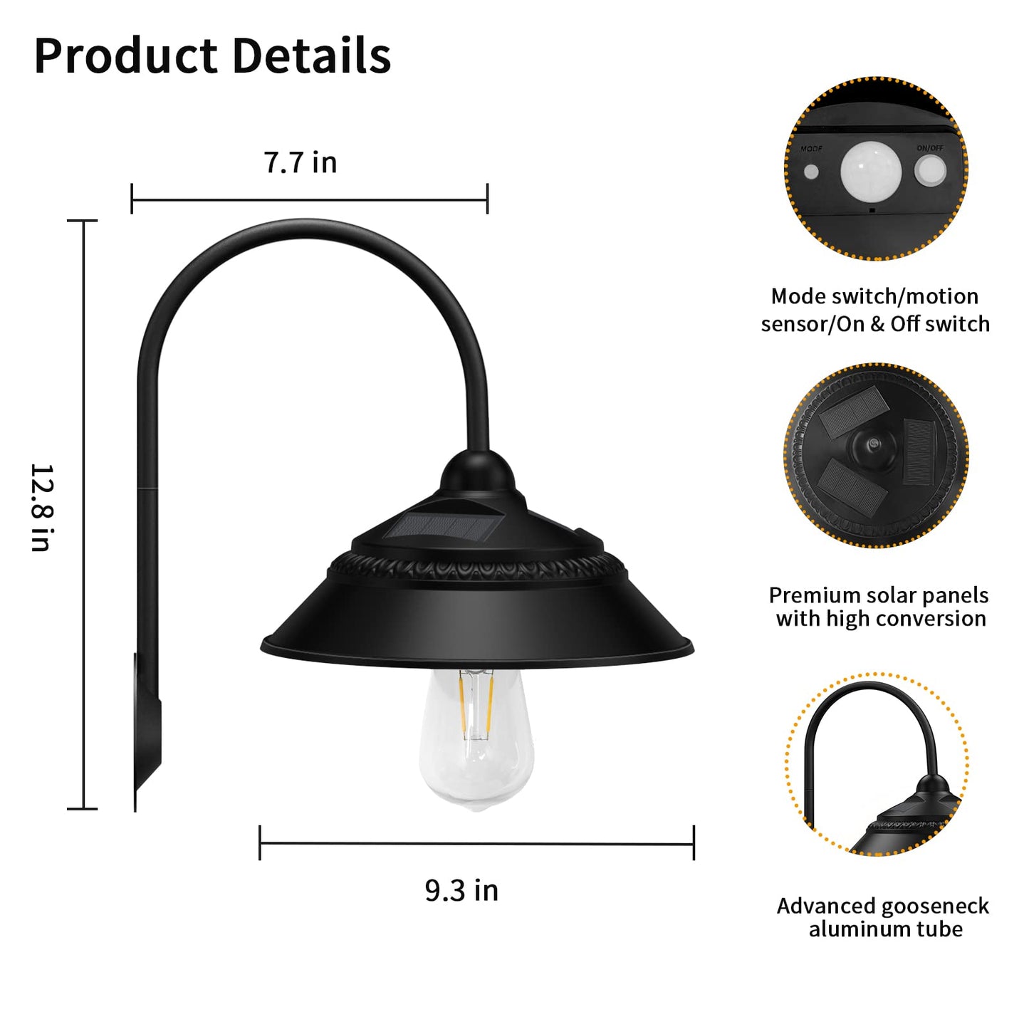Norvo | Ufelizor Solar Barn Light - Vanntett Utendørs Vegglampe Med 3 Moduser & Bevegelsessensor, Svart