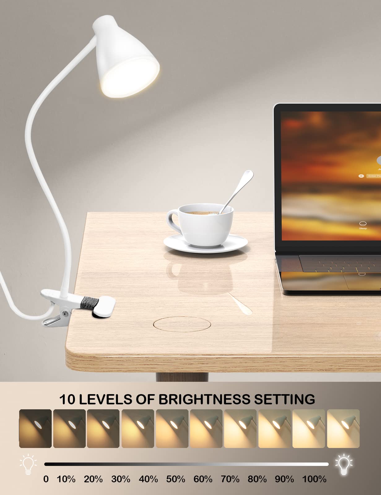 Norvo | Bohon 10W Klem Lampe - 3 Fargemoduser, 10 Lysstyrker, Fleksibel Gåsehalssvane, Usb, Hvit