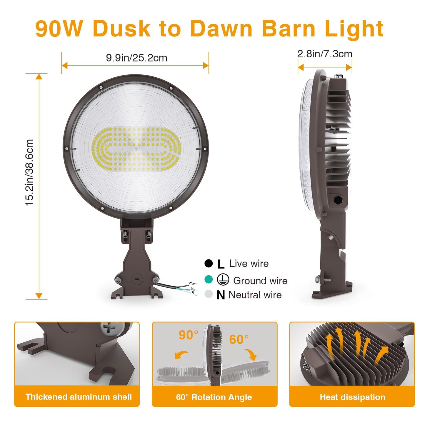 Norvo | Solla 90W Ultra Bright Led Barn Light, 15300Lm, Dusk To Dawn, Ip67 Vanntett, Bronse
