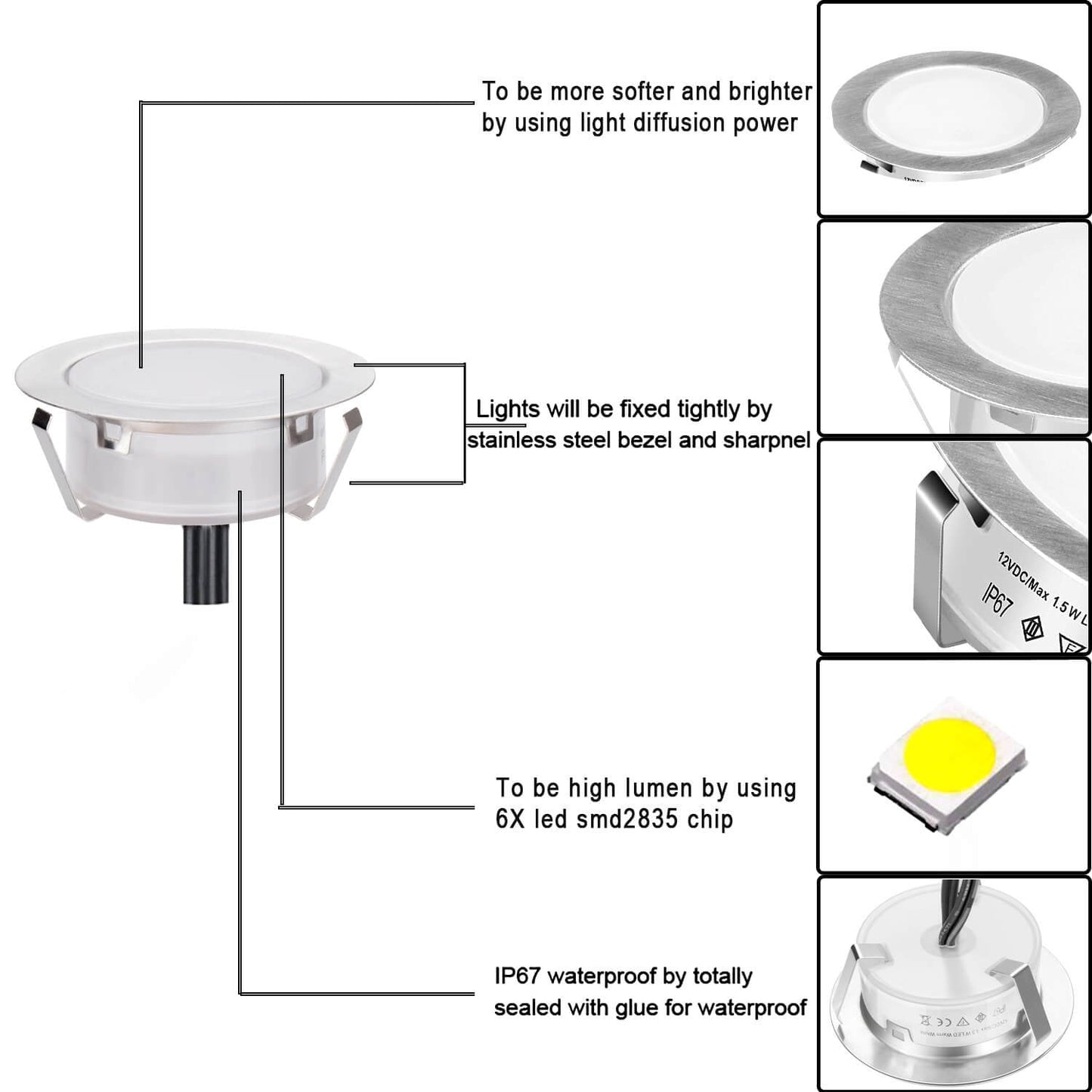 Norvo | Smy Lighting 6-Pack Led Deck Lights, Vanntett Ip67, Varm Hvit, Rustfritt Stål, Lav Spenning