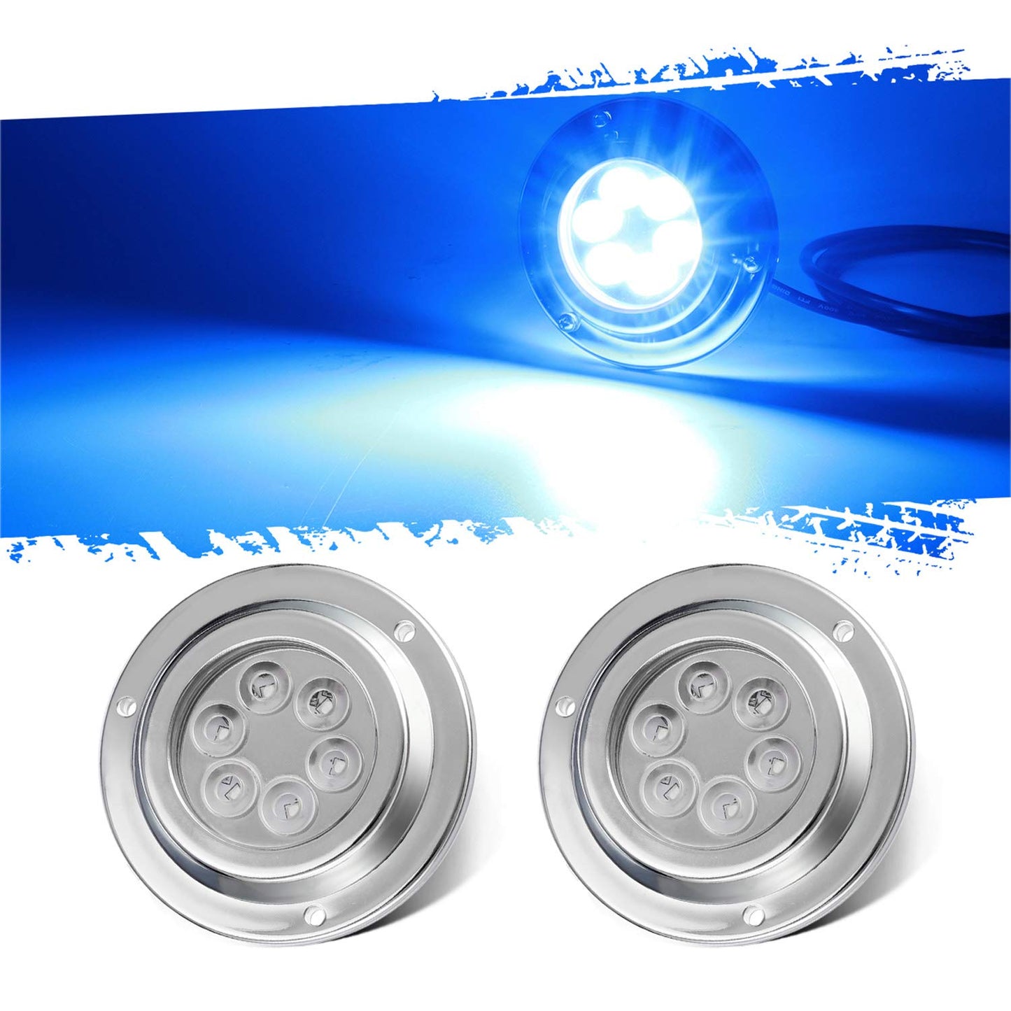 Norvo | Partsam 2Pcs Blå 6Led Rund Undervann Båtlampene, Transom Lys For Yachter Båter Seilbåt Pontong, Ip68 Vanntett, Rustfritt Stål Hus, Overflatemontering, 12V