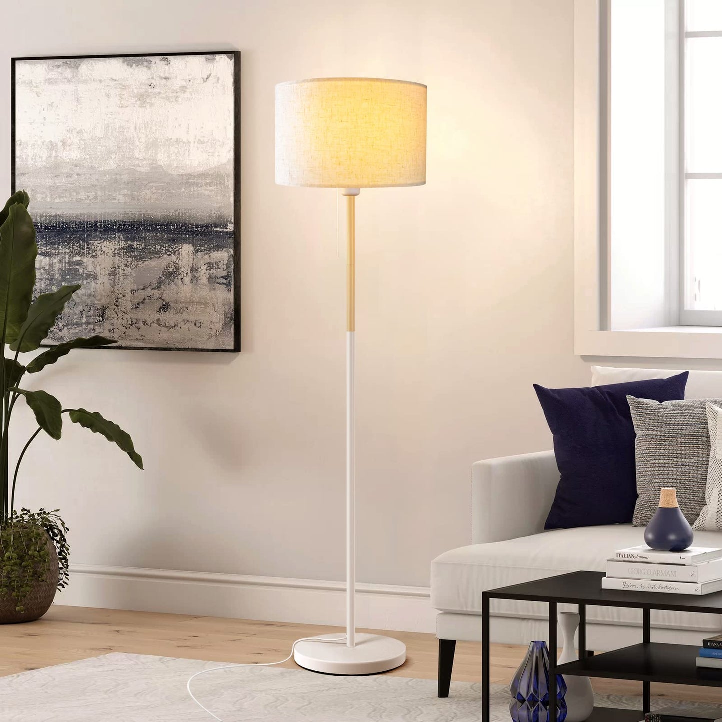 Norvo | Lalisu Moderne Hvit Gulvlampe - Mid-Century Bondehusdesign Med Lin Skjerm For Stue