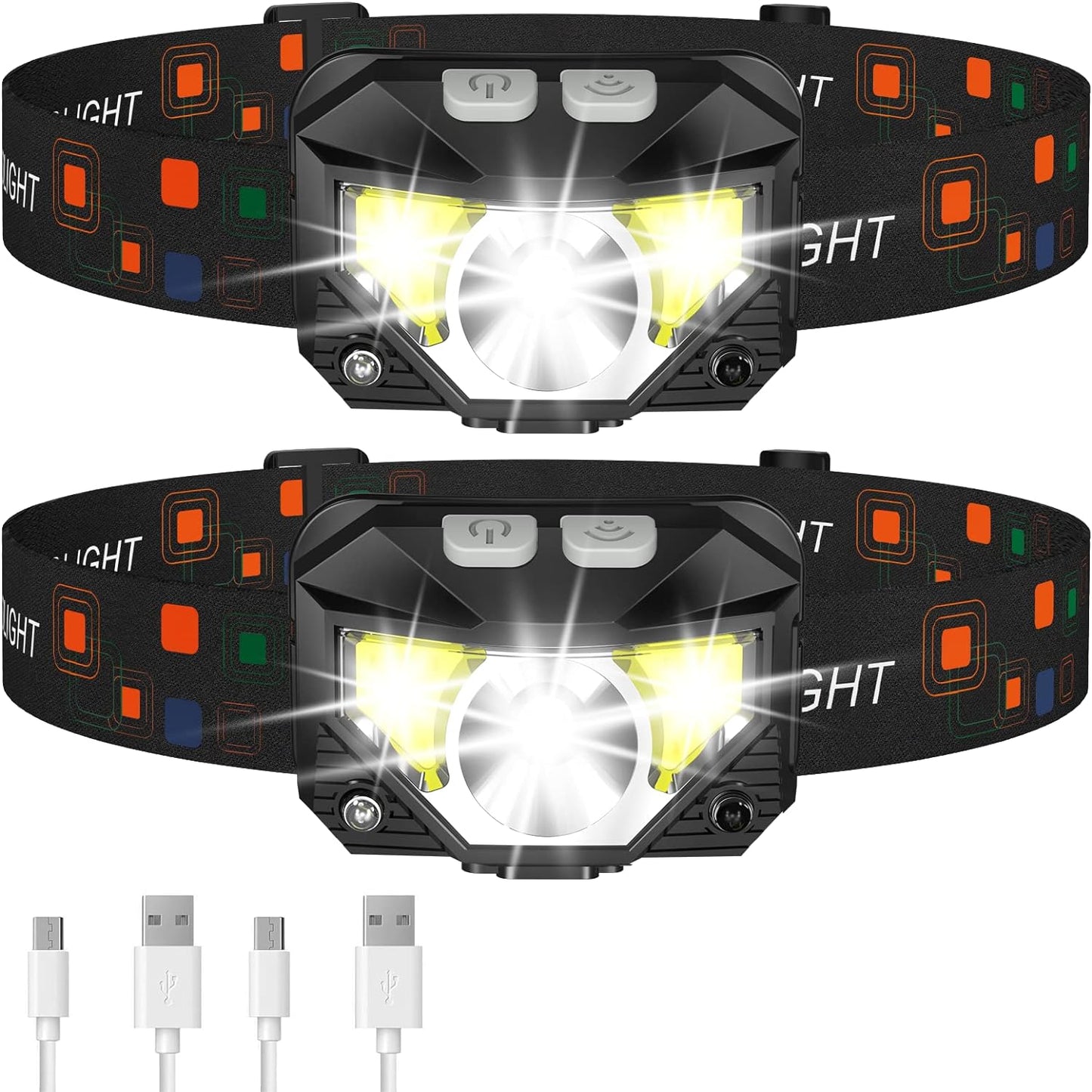 Norvo | 2-Pakke Ultra-Lys LED Oppladbar Hodelykt Lommelykt Vanntett Og Bevegelsessensor