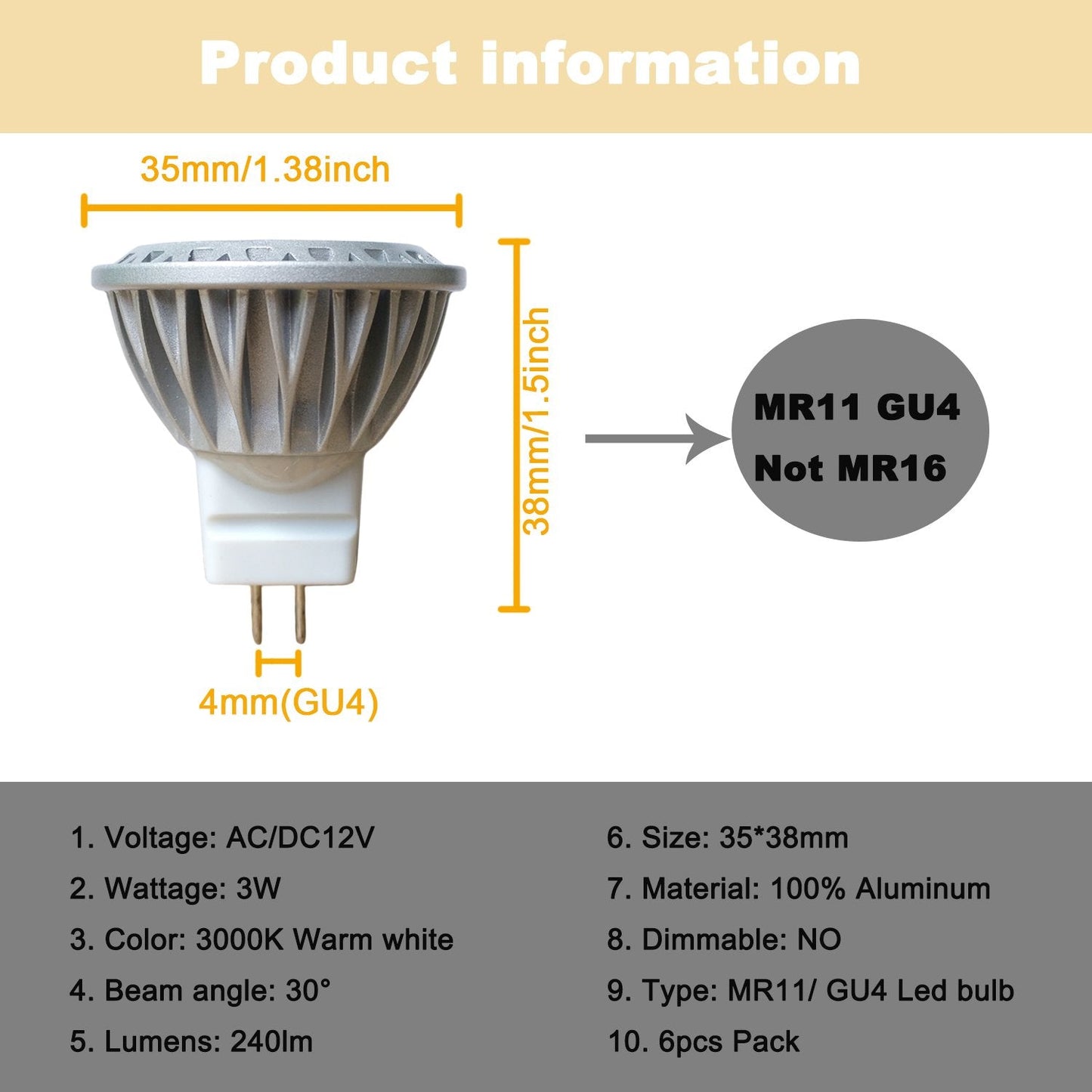 Norvo | Alide Mr11 Gu4 Led Lyspærer 3000K Varm Hvit 3W, 6 Pakke Lav Volt Spotlights For Utendørs