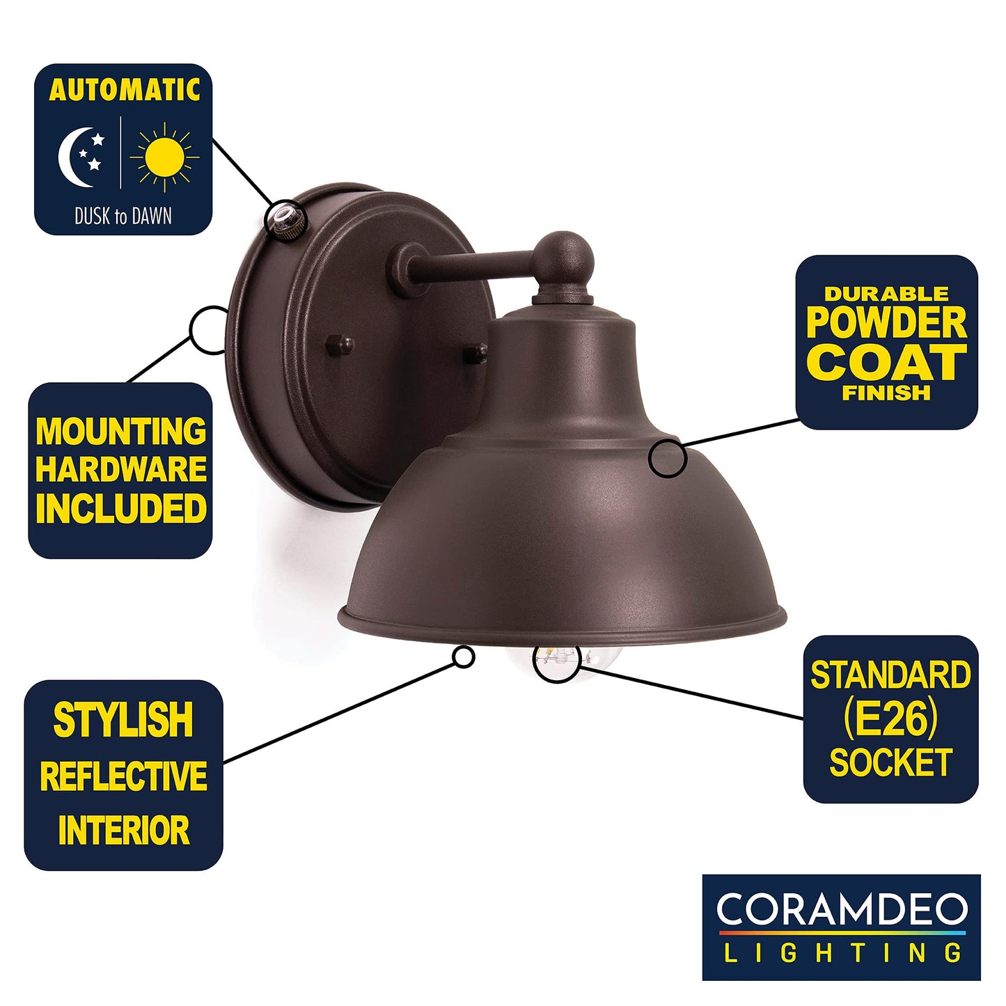 Norvo | Coramdeo 6" Barn Light, Ute vegglampe i rustikk bronse med fotocellsensor, fuktig beliggenhet