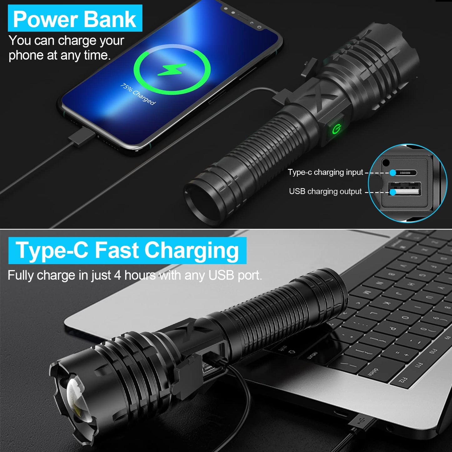 Norvo | Banral 100000 lumen oppladbart lommelampe, Ipx6 vanntett, 5 moduser, zoombar, aluminium