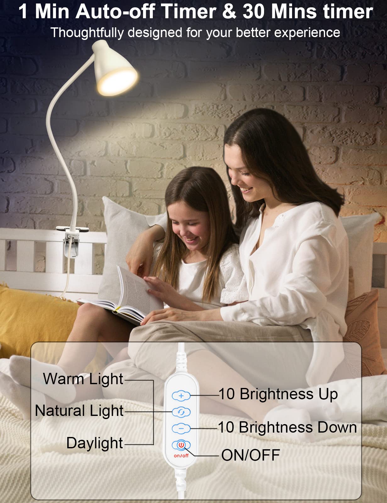 Norvo | Bohon 10W Klem Lampe - 3 Fargemoduser, 10 Lysstyrker, Fleksibel Gåsehalssvane, Usb, Hvit
