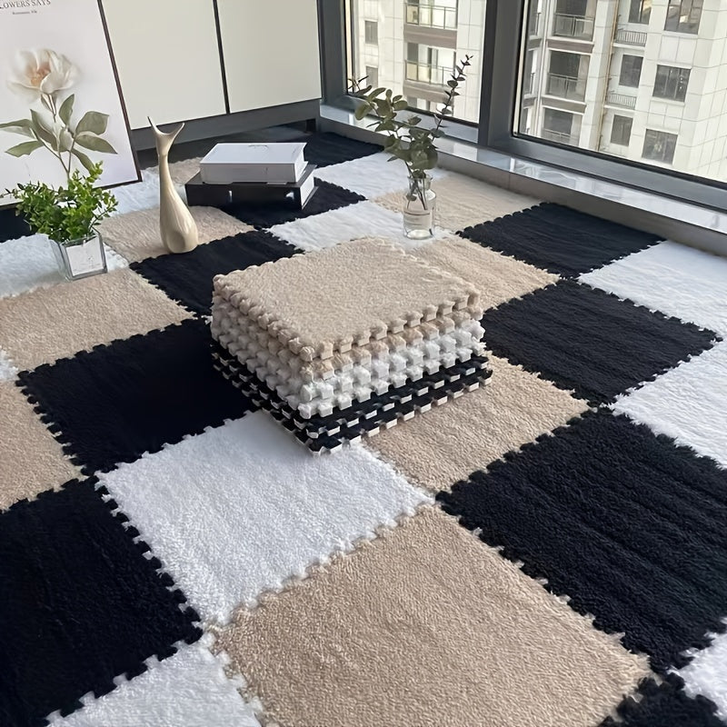 Norvo | 24 stk Tykk Plysj Patchwork Teppe - Vaskbart, Klippet Gulvmatte for Soverom, Stue, Dyrematte, Utleiehus