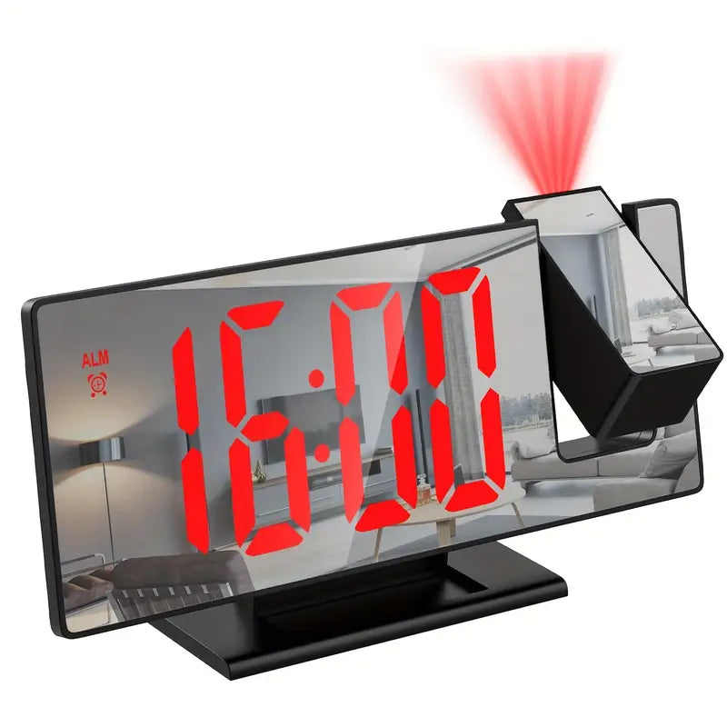 Norvo | 180° Justerbar LED prosjektionsvekkerklokke – Snus, 12/24H Tid & Temperaturvisning, Speildesign – USB-drevet, Nattmodus & Minnefunksjon