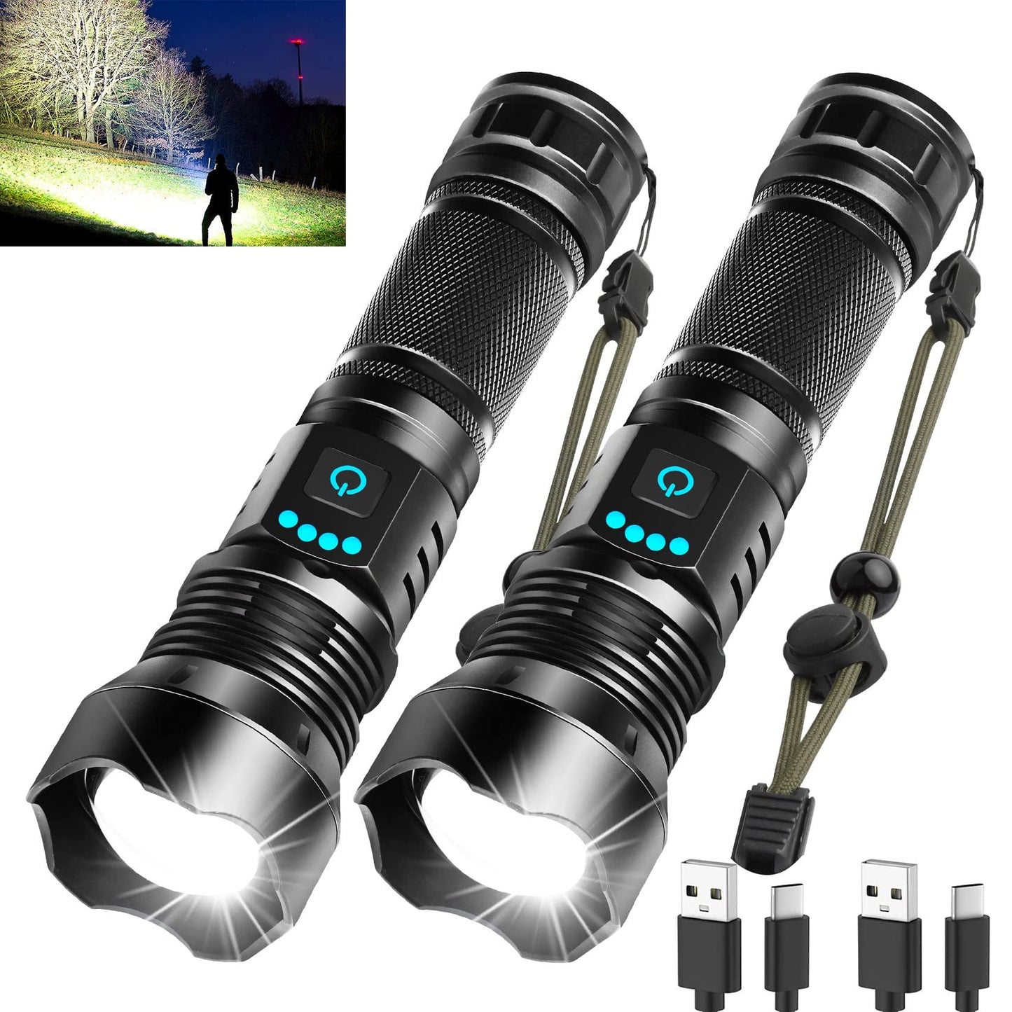 Norvo | Foleto 100000 Lumen Oppladbar Led Lommelykt - 5 Moduser, Vanntett, 2 Pakke, Taktisk