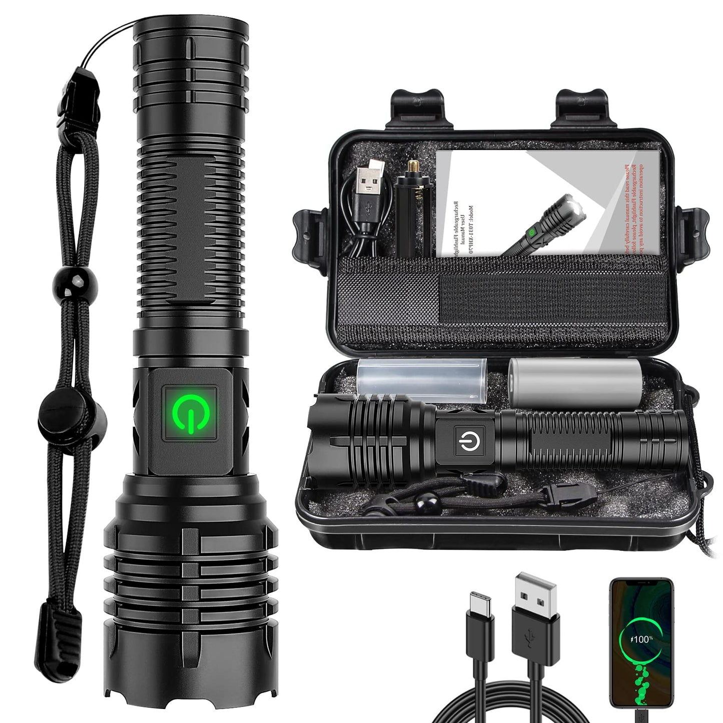 Norvo | Banral 100000 lumen oppladbart lommelampe, Ipx6 vanntett, 5 moduser, zoombar, aluminium