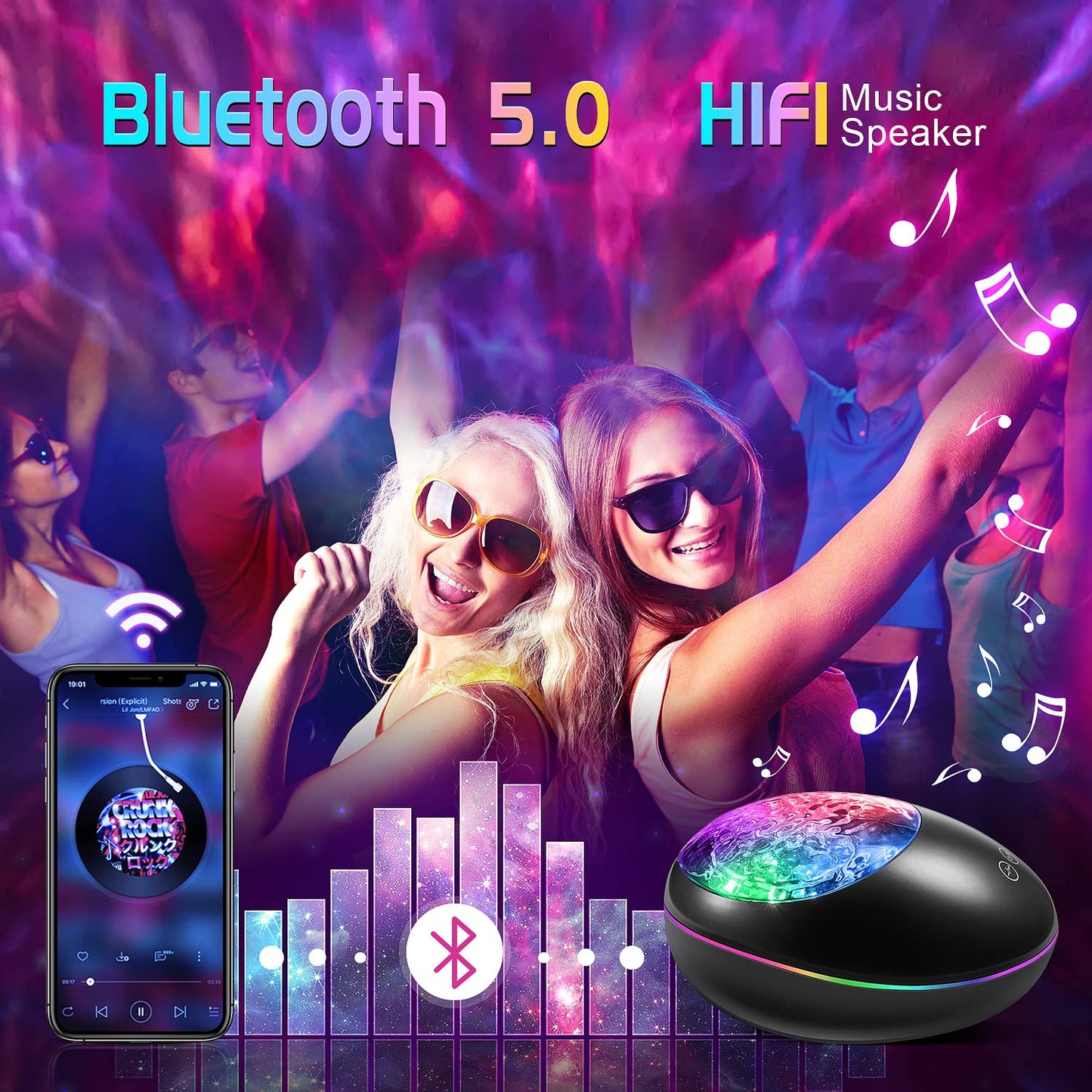 Norvo | One Fire Galaxy Prosjektor - Stjernekaster med Bluetooth, Havbølge & Hvit Støy for Barn