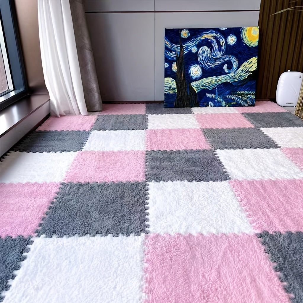 Norvo | 24 stk Tykk Plysj Patchwork Teppe - Vaskbart, Klippet Gulvmatte for Soverom, Stue, Dyrematte, Utleiehus