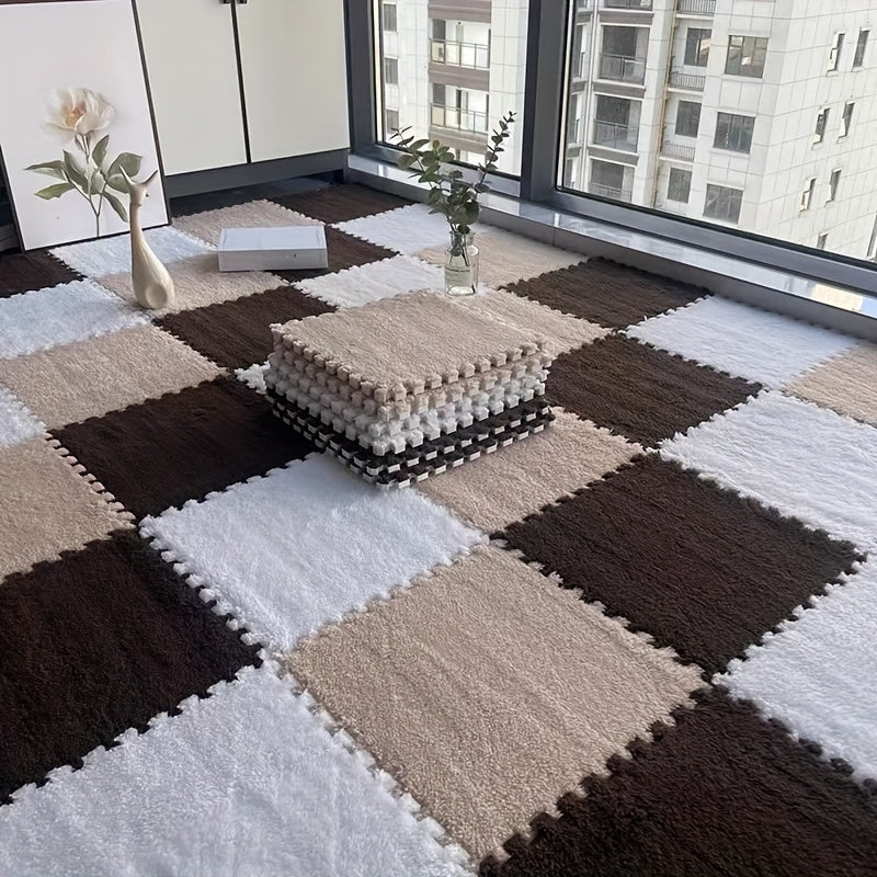 Norvo | 24 stk Tykk Plysj Patchwork Teppe - Vaskbart, Klippet Gulvmatte for Soverom, Stue, Dyrematte, Utleiehus