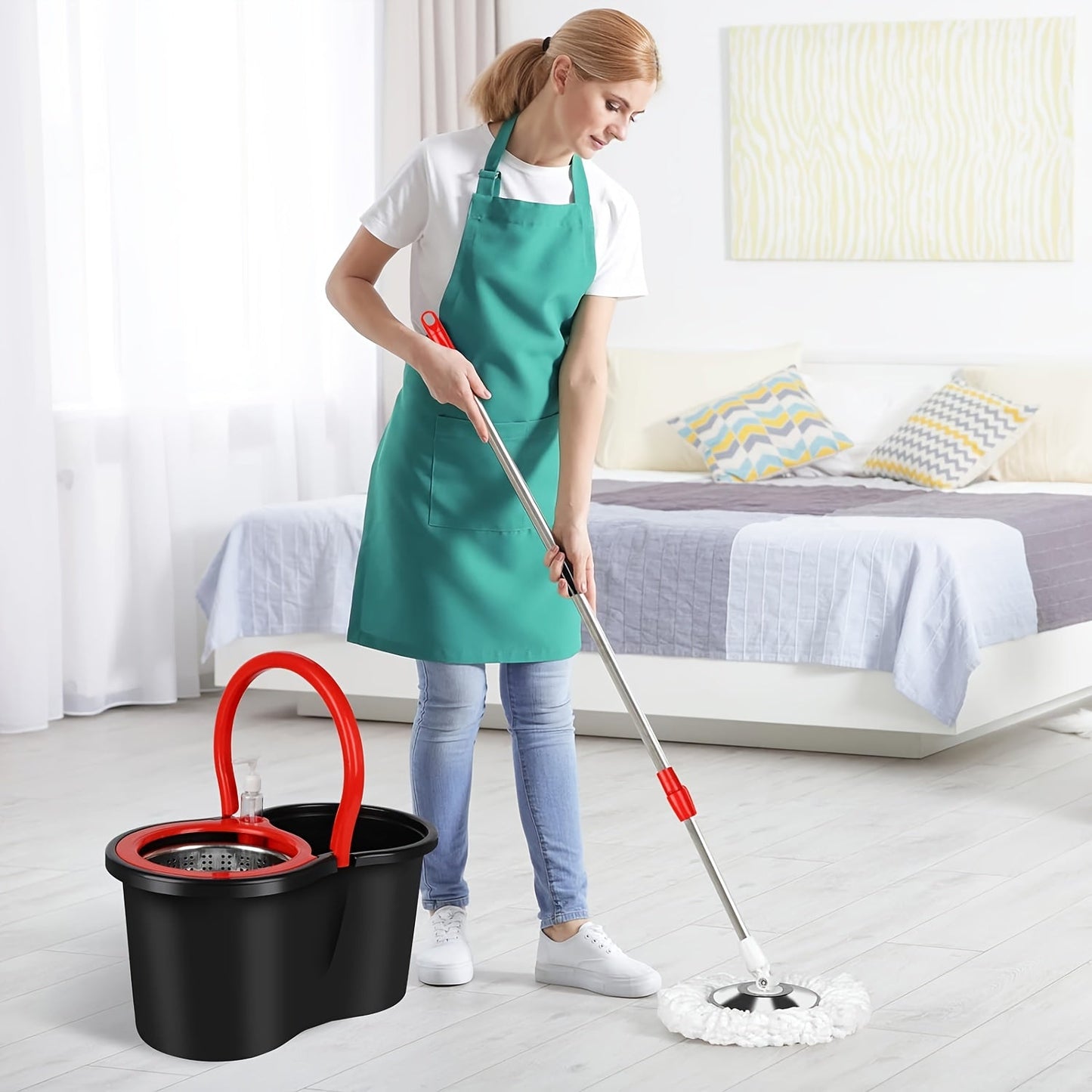 Norvo | Spin-mopp og bøtte sett med presse – 360° roterende mopp-system, inkluderer 3 mikrofiber-mopp hoder og 61" justerbart rustfritt stål håndtak – Ideell for gulvrengjøring i bad og skoler
