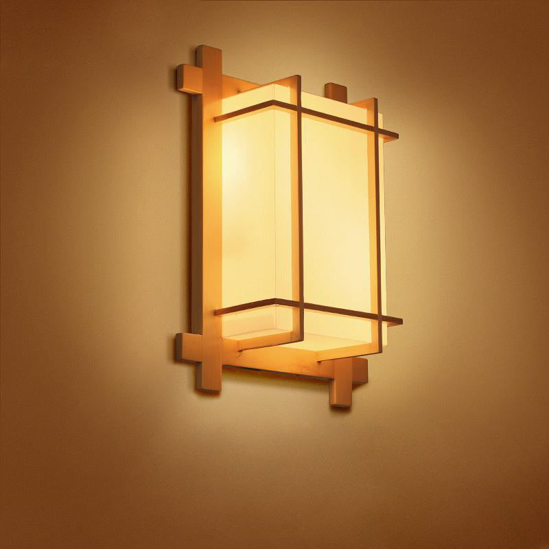 Norvo | Tradisjonell japansk rektangulær massiv tre ramme faux pergamentskjerm 2-lampe vegglampe for soverom