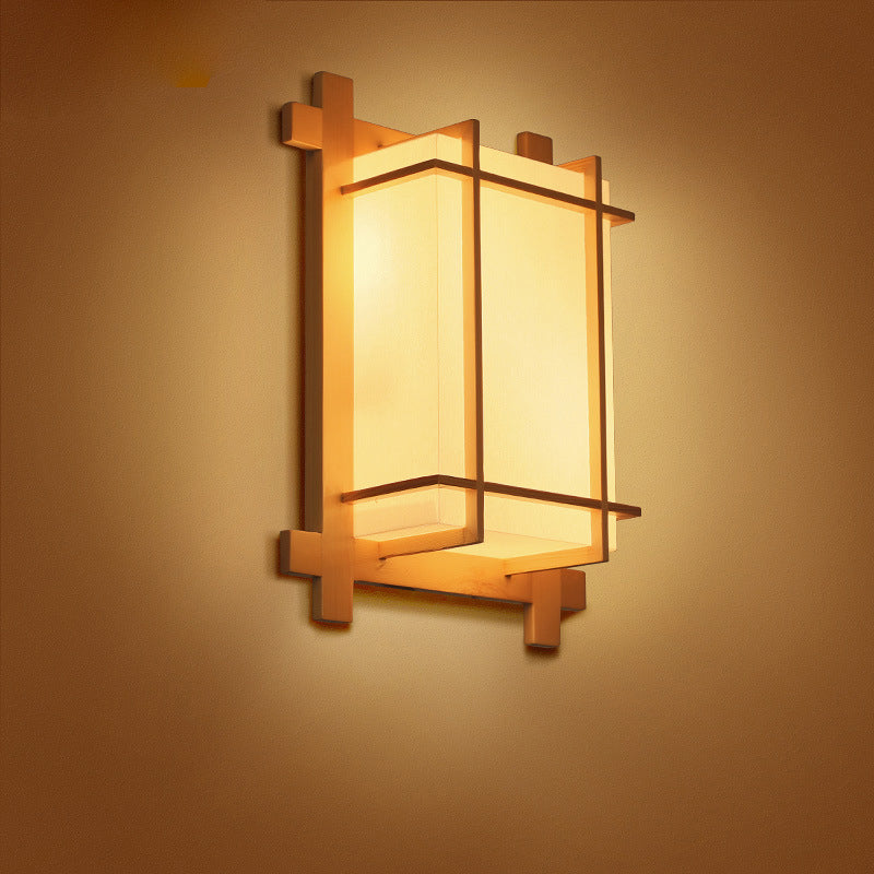 Norvo | Tradisjonell japansk rektangulær massiv tre ramme faux pergamentskjerm 2-lampe vegglampe for soverom