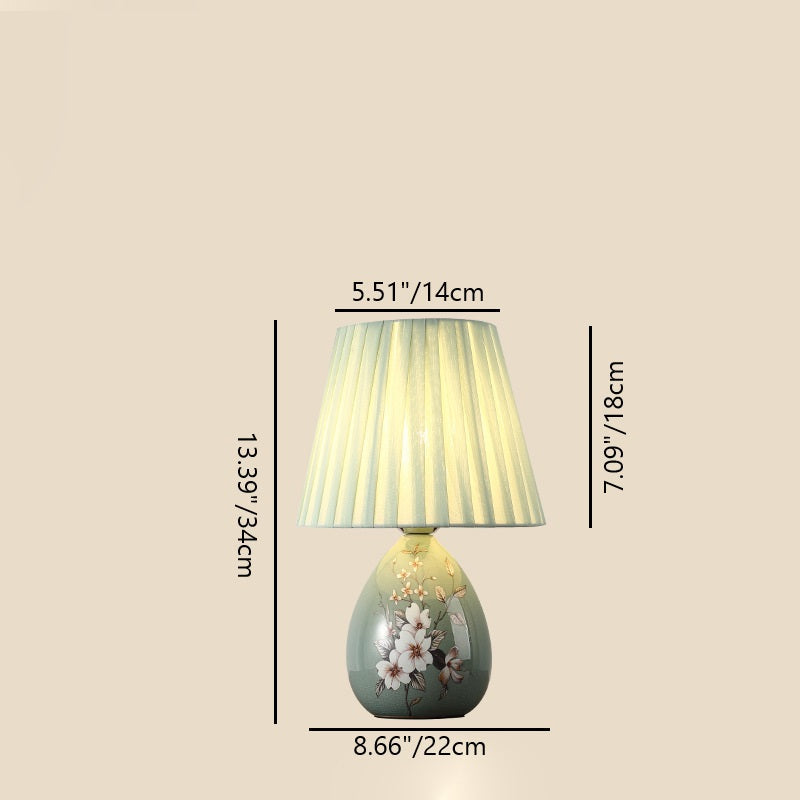 Norvo | Tradisjonelt kinesisk blomsterdesign rund vifte stoff keramikk 1-lys bordlampe til stuen