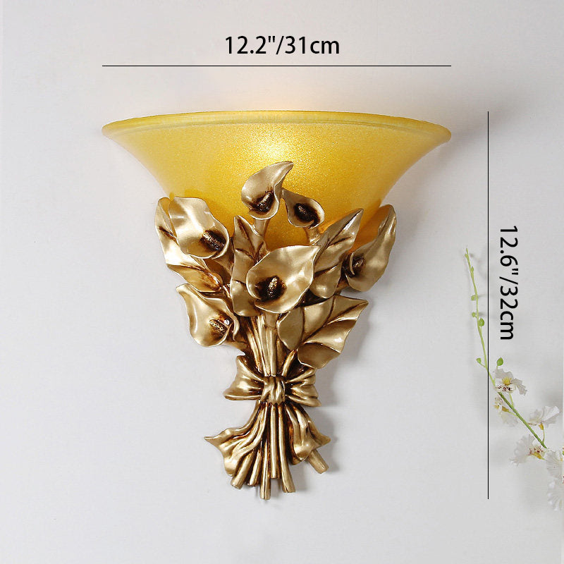 Norvo | Tradisjonell europeisk harpiks glass tilbehør blomst frostet horn 1-lyskilde vegglampe for stue