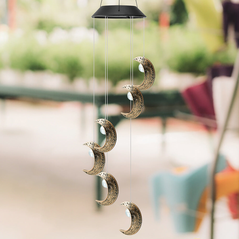 Norvo | Moderne Boho Sol Vanntett ABS Metall Måne Sol Stjerne Dekorasjon Vindklokke Hengende LED Utebelysning Landskapsbelysning for Utendørs Terrasse