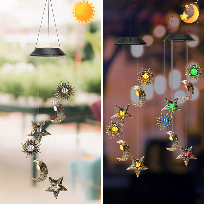 Norvo | Moderne Boho Sol Vanntett ABS Metall Måne Sol Stjerne Dekorasjon Vindklokke Hengende LED Utebelysning Landskapsbelysning for Utendørs Terrasse