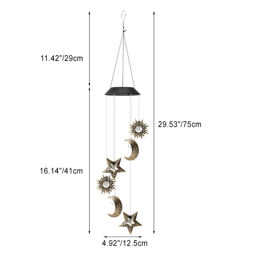 Norvo | Moderne Boho Sol Vanntett ABS Metall Måne Sol Stjerne Dekorasjon Vindklokke Hengende LED Utebelysning Landskapsbelysning for Utendørs Terrasse