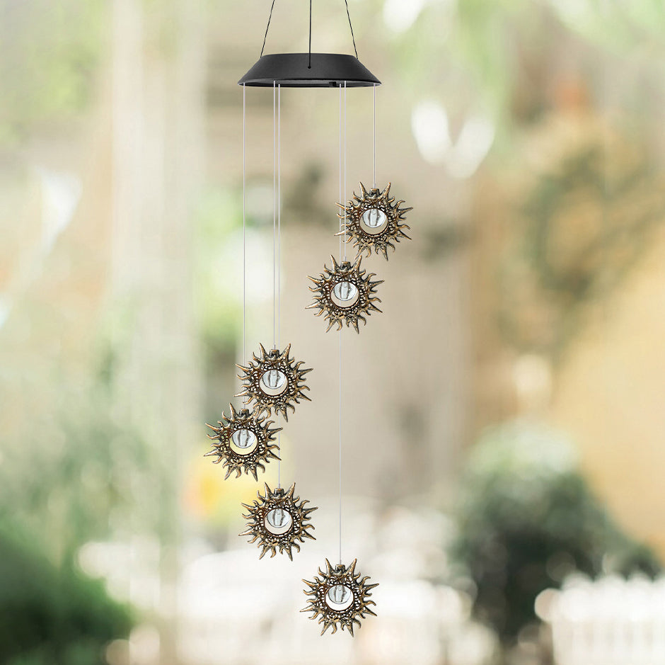 Norvo | Moderne Boho Sol Vanntett ABS Metall Måne Sol Stjerne Dekorasjon Vindklokke Hengende LED Utebelysning Landskapsbelysning for Utendørs Terrasse