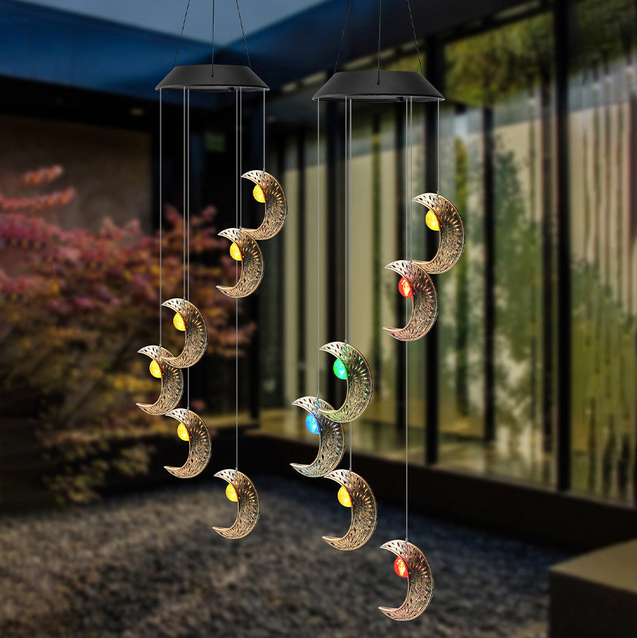Norvo | Moderne Boho Sol Vanntett ABS Metall Måne Sol Stjerne Dekorasjon Vindklokke Hengende LED Utebelysning Landskapsbelysning for Utendørs Terrasse