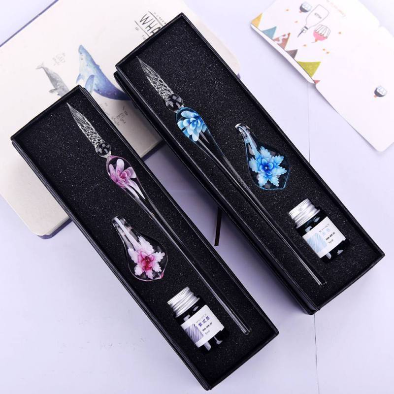 Glass Calligraphy Pen Set med blekk og pennholder