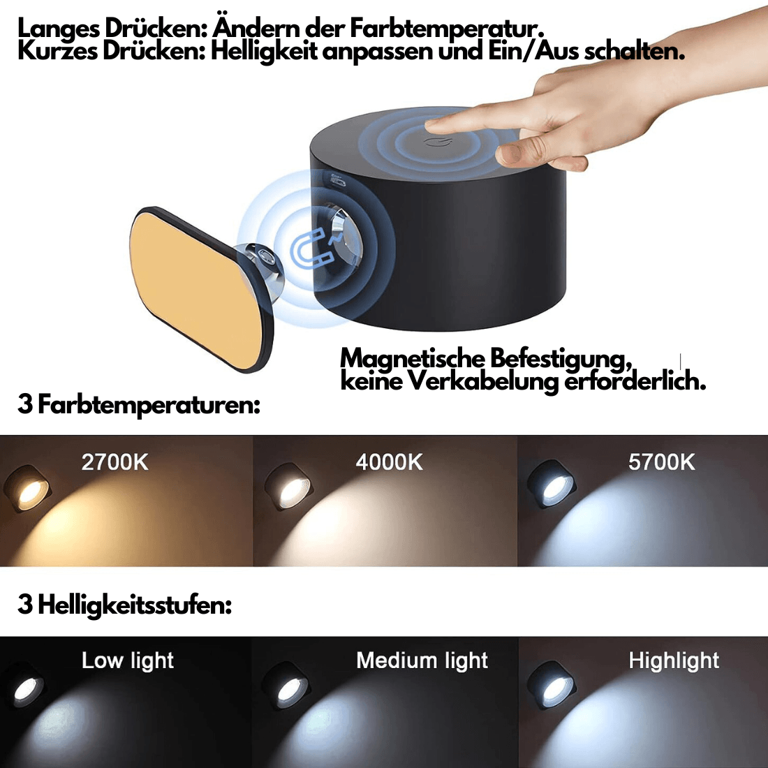 360 trådløs oppladbar vegglampe