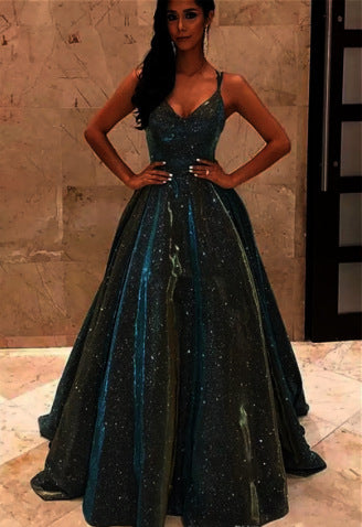Norvo | Damers Spaghetti Stropp V-hals A-Linje Glitter Maxi Kjole