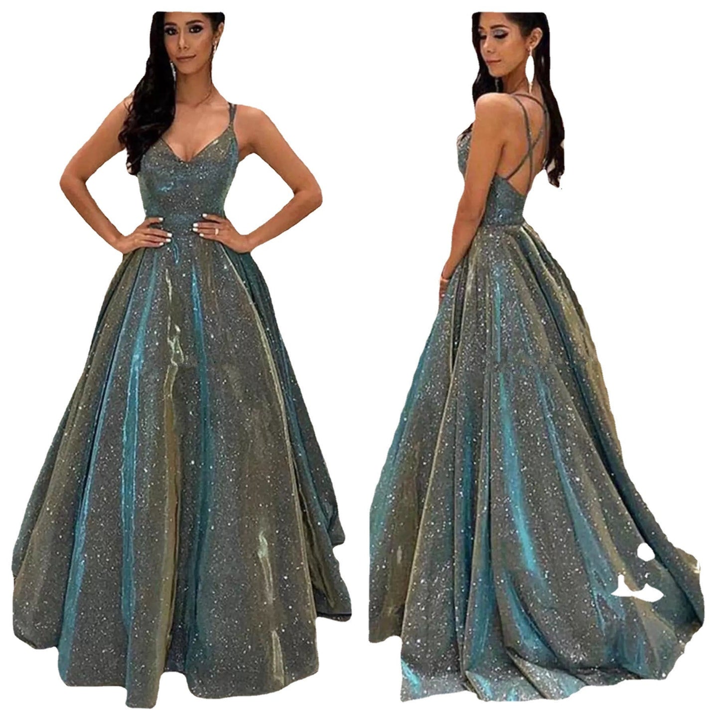 Norvo | Damers Spaghetti Stropp V-hals A-Linje Glitter Maxi Kjole