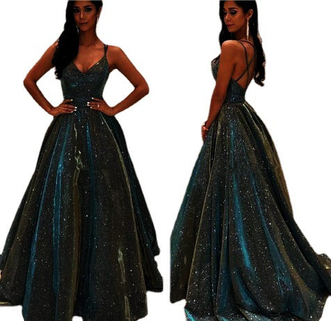 Norvo | Damers Spaghetti Stropp V-hals A-Linje Glitter Maxi Kjole