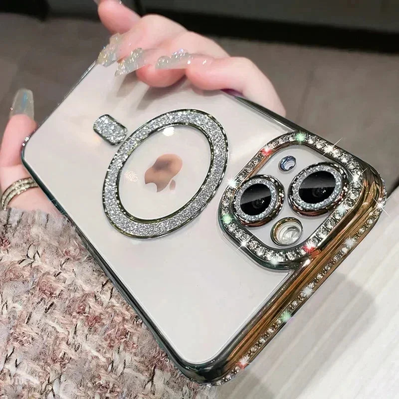 Luksus Glitter Bling MagSafe-deksel med krystalllinse for iPhone 15 16 11 12 13 14 Pro Max 16 Plus magnetisk trådløs lading gjennomsiktig deksel