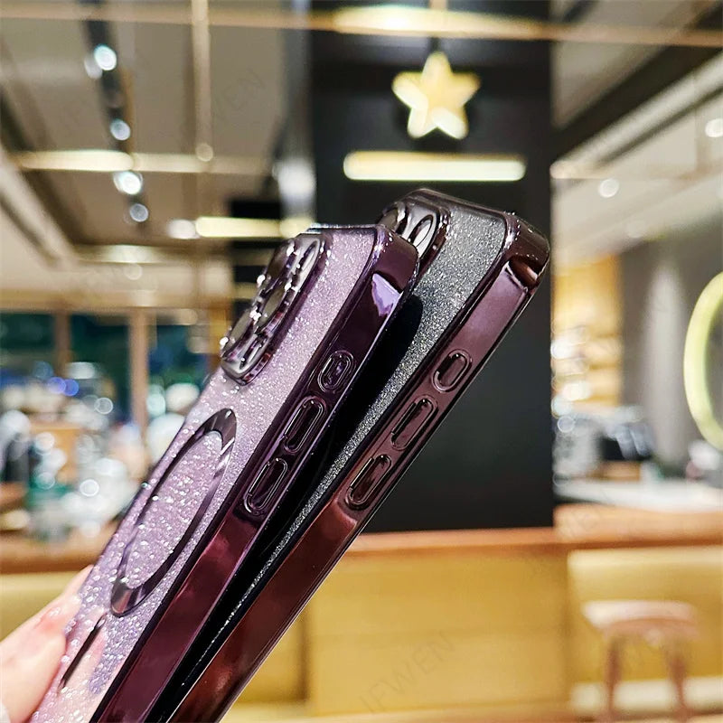 Luksus MagSafe Glitter Crossbody Stroppetui For iPhone 13 Elektroplaterte Trådløse Lade TPU Bakre Lanyard Deksel