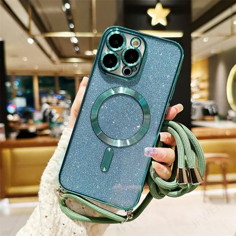 Luksus MagSafe Glitter Crossbody Stroppetui For iPhone 13 Elektroplaterte Trådløse Lade TPU Bakre Lanyard Deksel