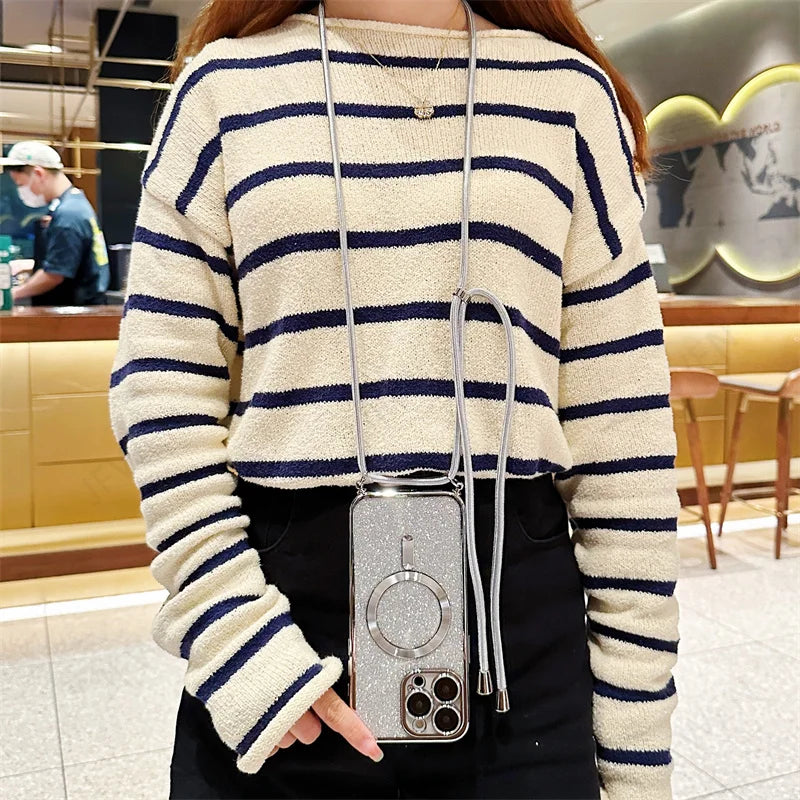 Luksus MagSafe Glitter Crossbody Stroppetui For iPhone 13 Elektroplaterte Trådløse Lade TPU Bakre Lanyard Deksel