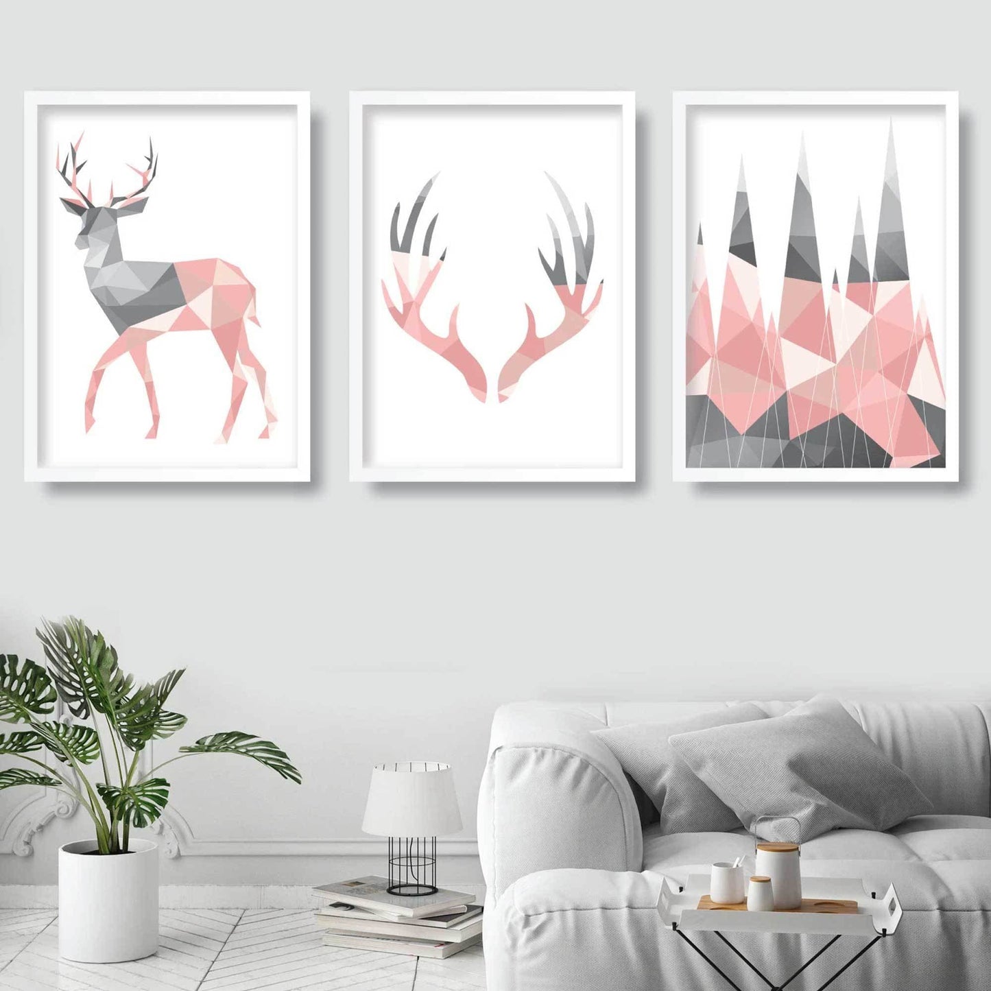 Norvo | Geometrisk sett med 3 rosa og grå kunsttrykk Hjortegevir og Skog
