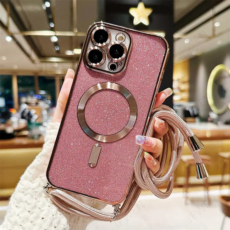 Luksus MagSafe Glitter Crossbody Stroppetui For iPhone 13 Elektroplaterte Trådløse Lade TPU Bakre Lanyard Deksel