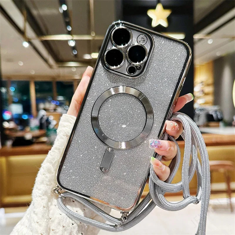 Luksus MagSafe Glitter Crossbody Stroppetui For iPhone 13 Elektroplaterte Trådløse Lade TPU Bakre Lanyard Deksel